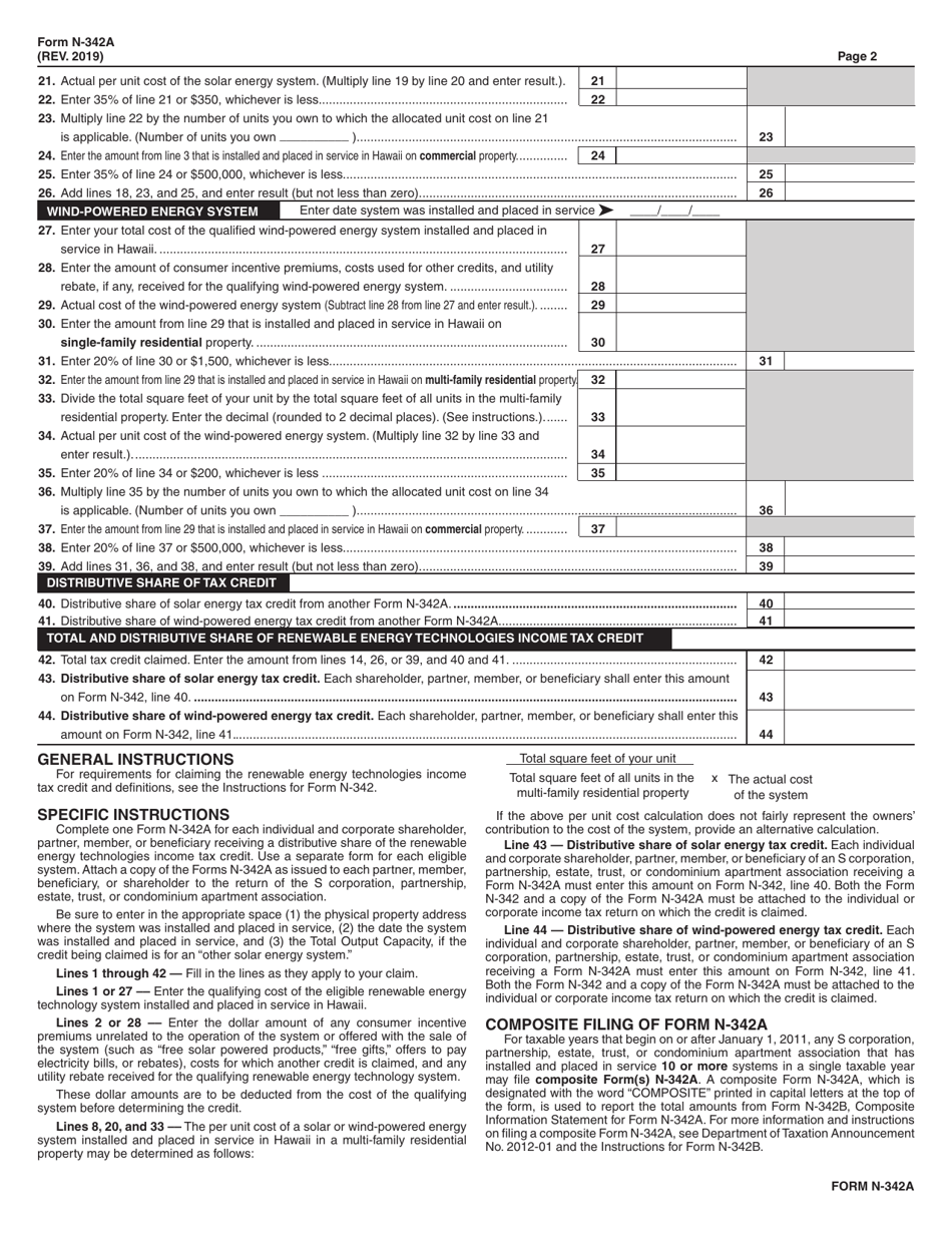 Form N-342A Information Statement Concerning Renewable Energy Technologies Income Tax Credit for Systems Installed and Place in Service on or After July 1, 2009 - Hawaii, Page 2