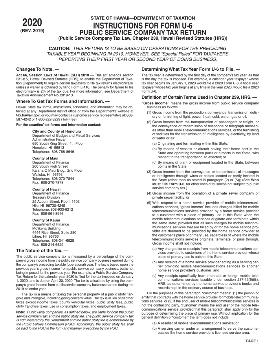 Instructions for Form U-6 Public Service Company Tax Return - Hawaii, Page 1