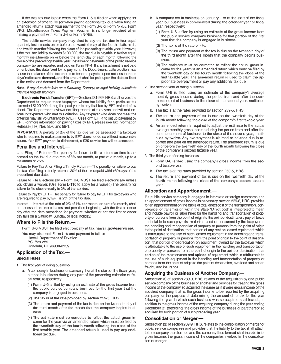 Instructions for Form U-6 Public Service Company Tax Return - Hawaii, Page 3