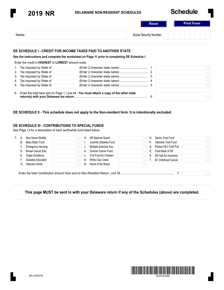 Delaware Non-resident Schedules - Delaware, Page 1