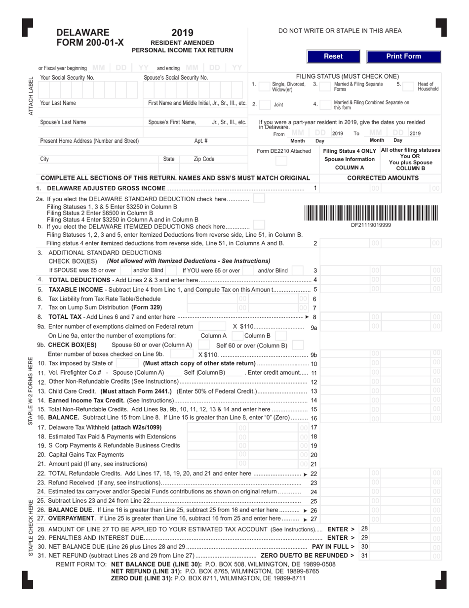 Form 200-01-X Resident Amended Personal Income Tax Return - Delaware, Page 1