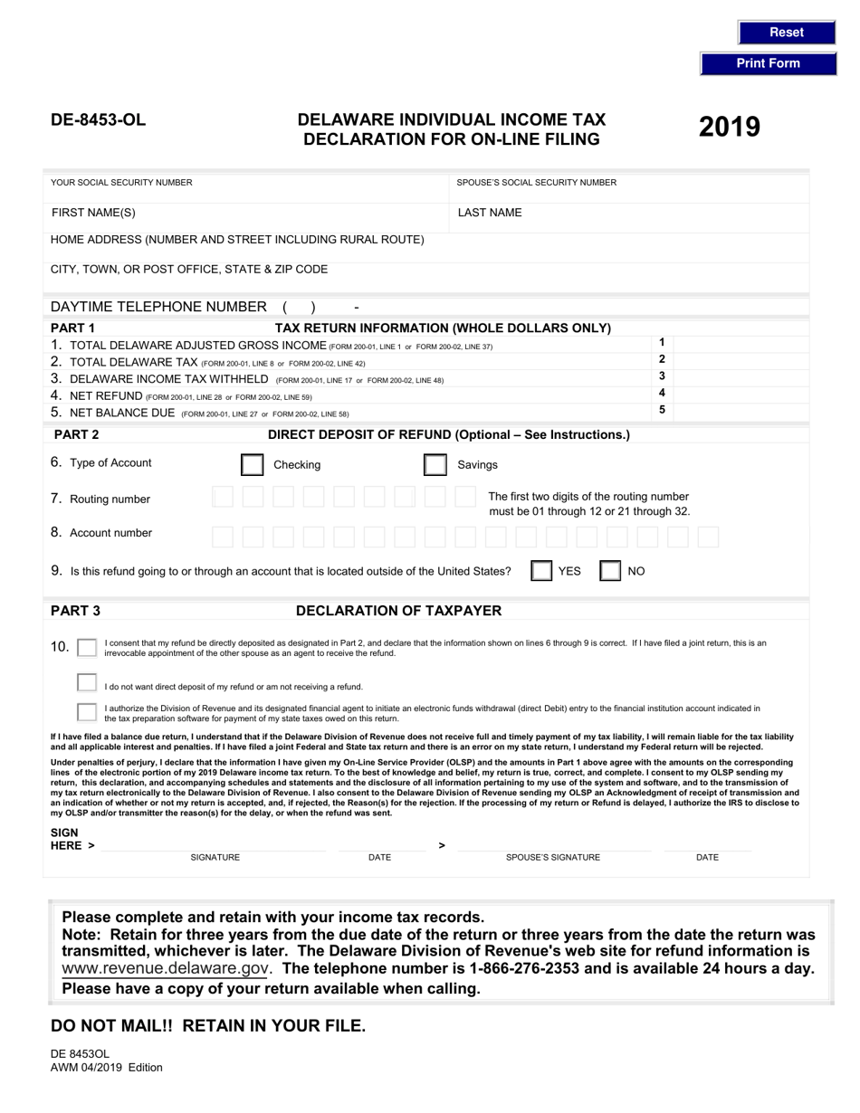 Form DE-8453-OL Delaware Individual Income Tax Declaration for on-Line Filing - Delaware, Page 1