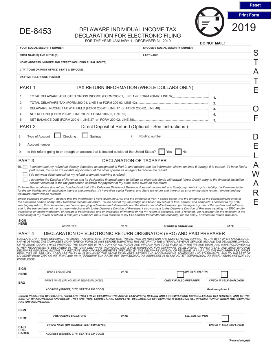 Form DE-8453 Delaware Individual Income Tax Declaration for Electronic Filing - Delaware, Page 1