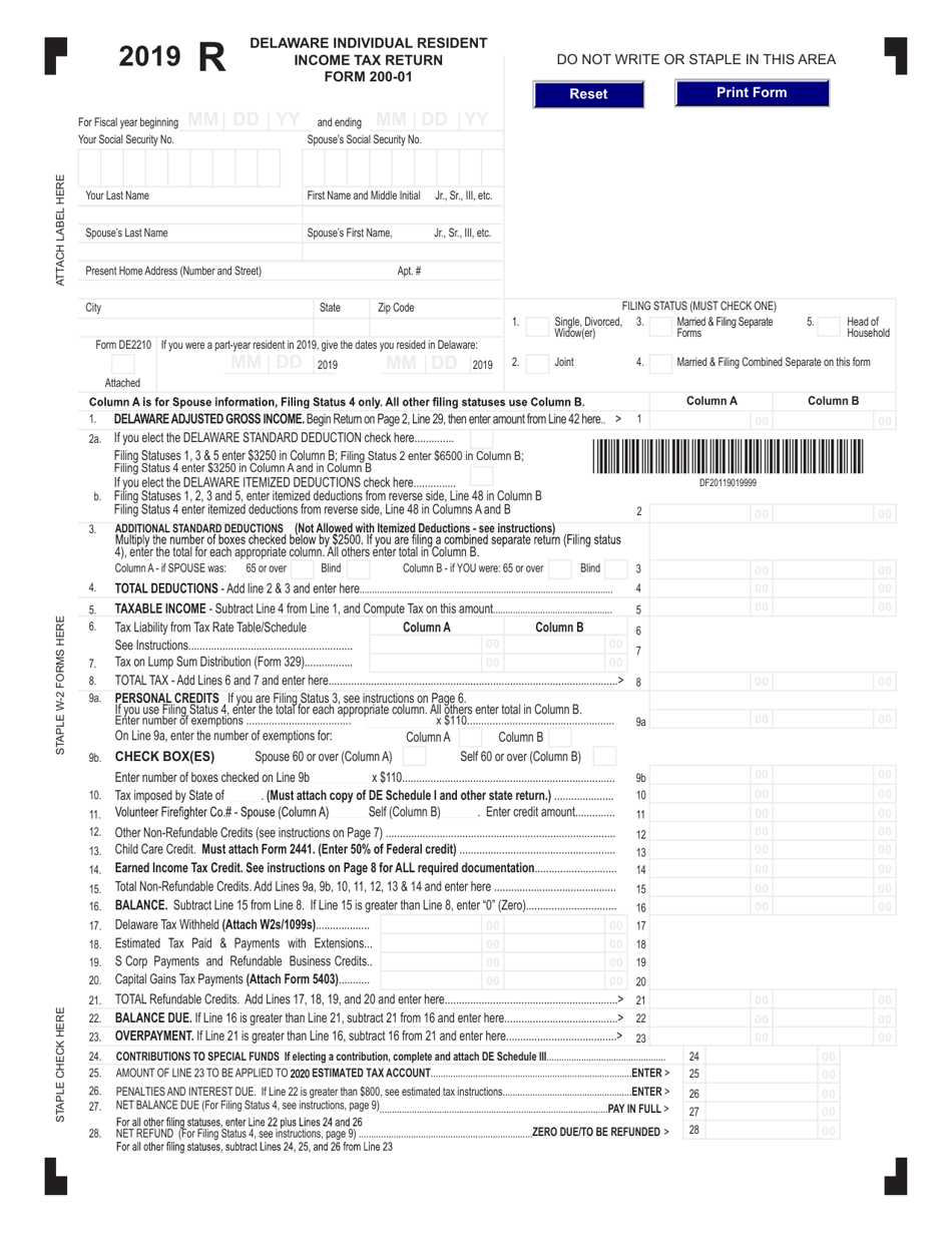 Form 200-01 Delaware Individual Resident Income Tax Return - Delaware, Page 1