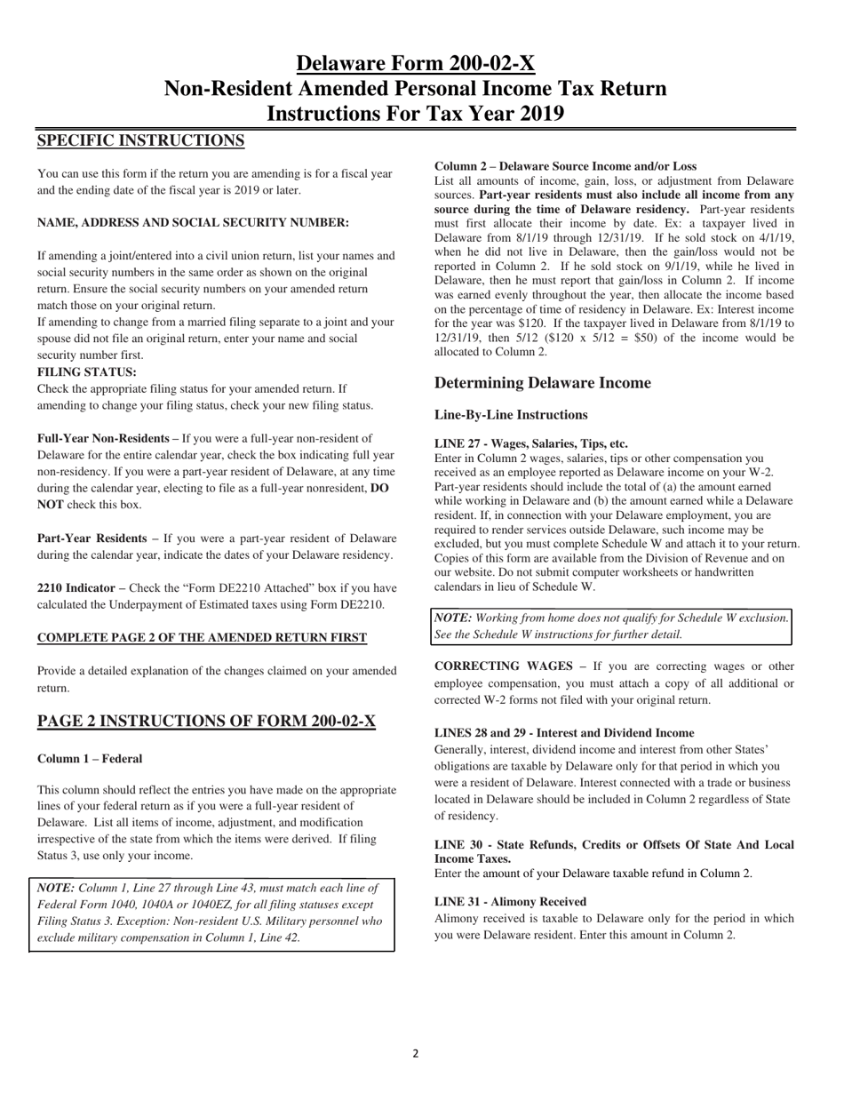 Instructions for Form 200-02-X Non-resident Amended Personal Income Tax Return - Delaware, Page 2