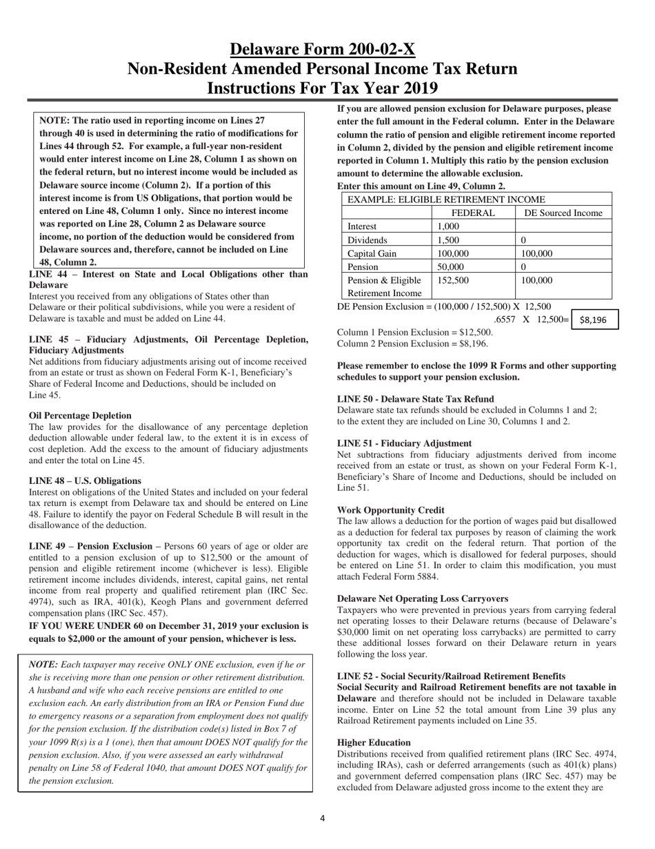 Instructions for Form 200-02-X Non-resident Amended Personal Income Tax Return - Delaware, Page 4