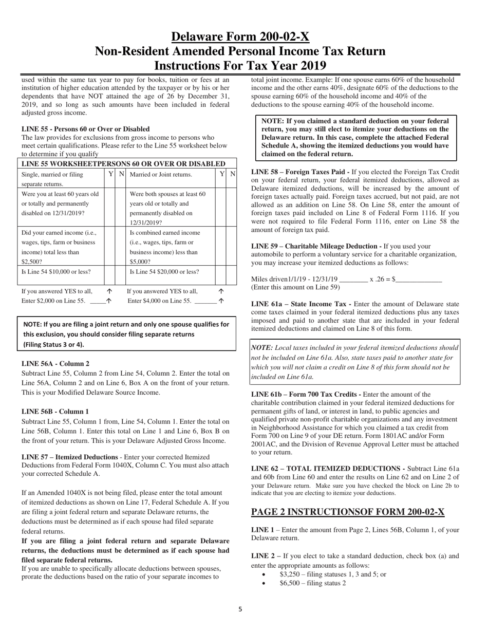 Instructions for Form 200-02-X Non-resident Amended Personal Income Tax Return - Delaware, Page 5