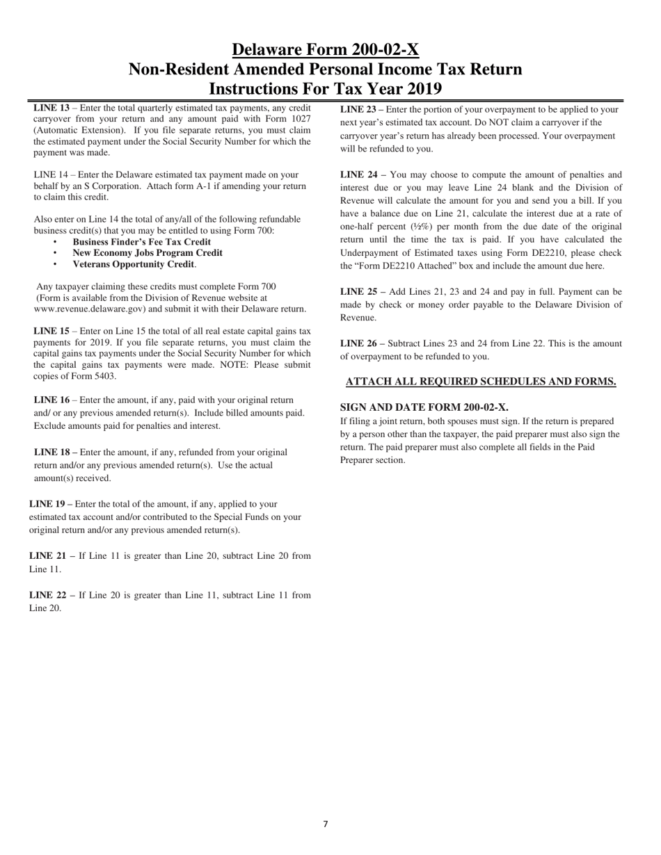 Instructions for Form 200-02-X Non-resident Amended Personal Income Tax Return - Delaware, Page 7