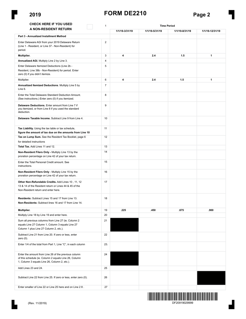 Form DE2210 Delaware Underpayment of Estimated Taxes - Delaware, Page 2