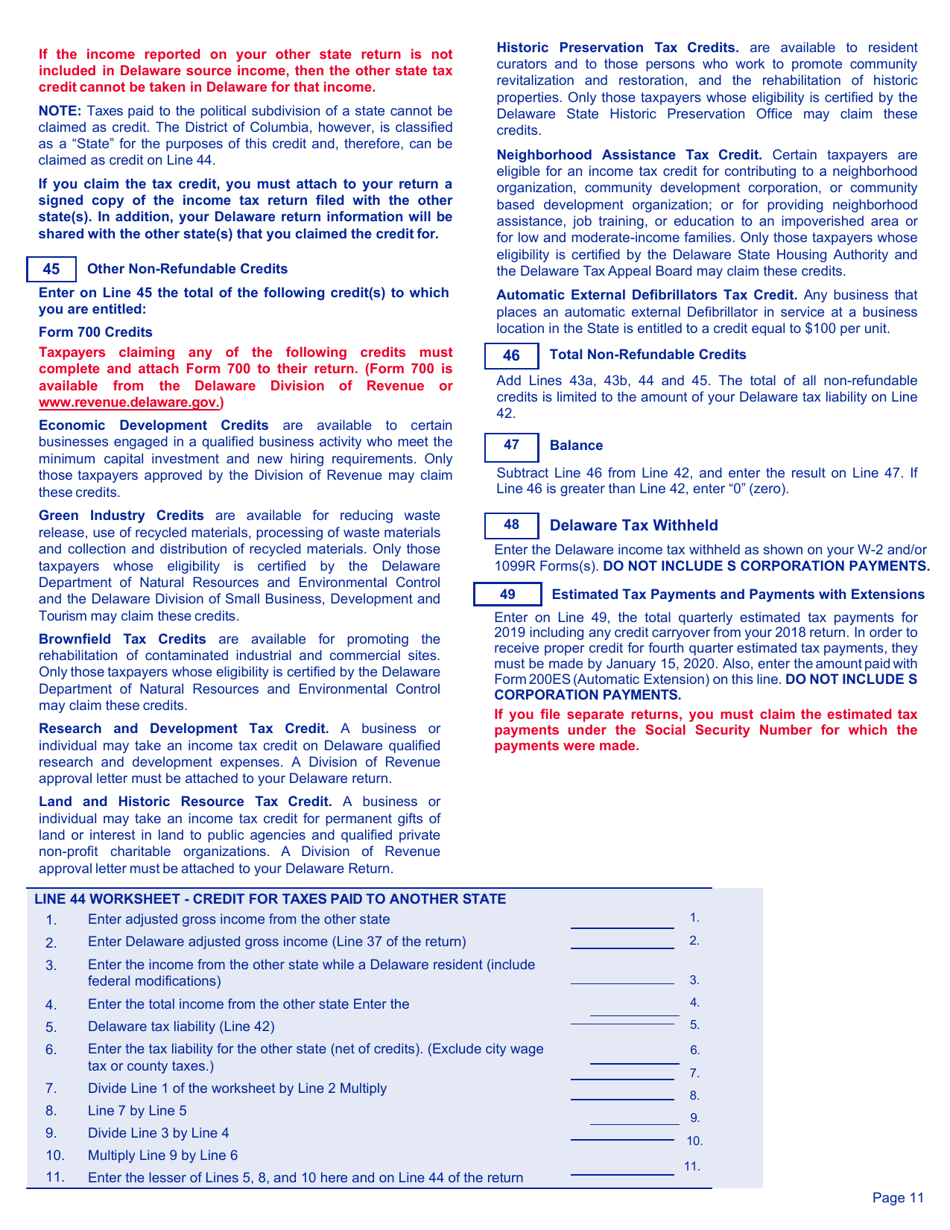 Instructions for Form 200-02 NR Non-resident Individual Income Tax Return - Delaware, Page 11
