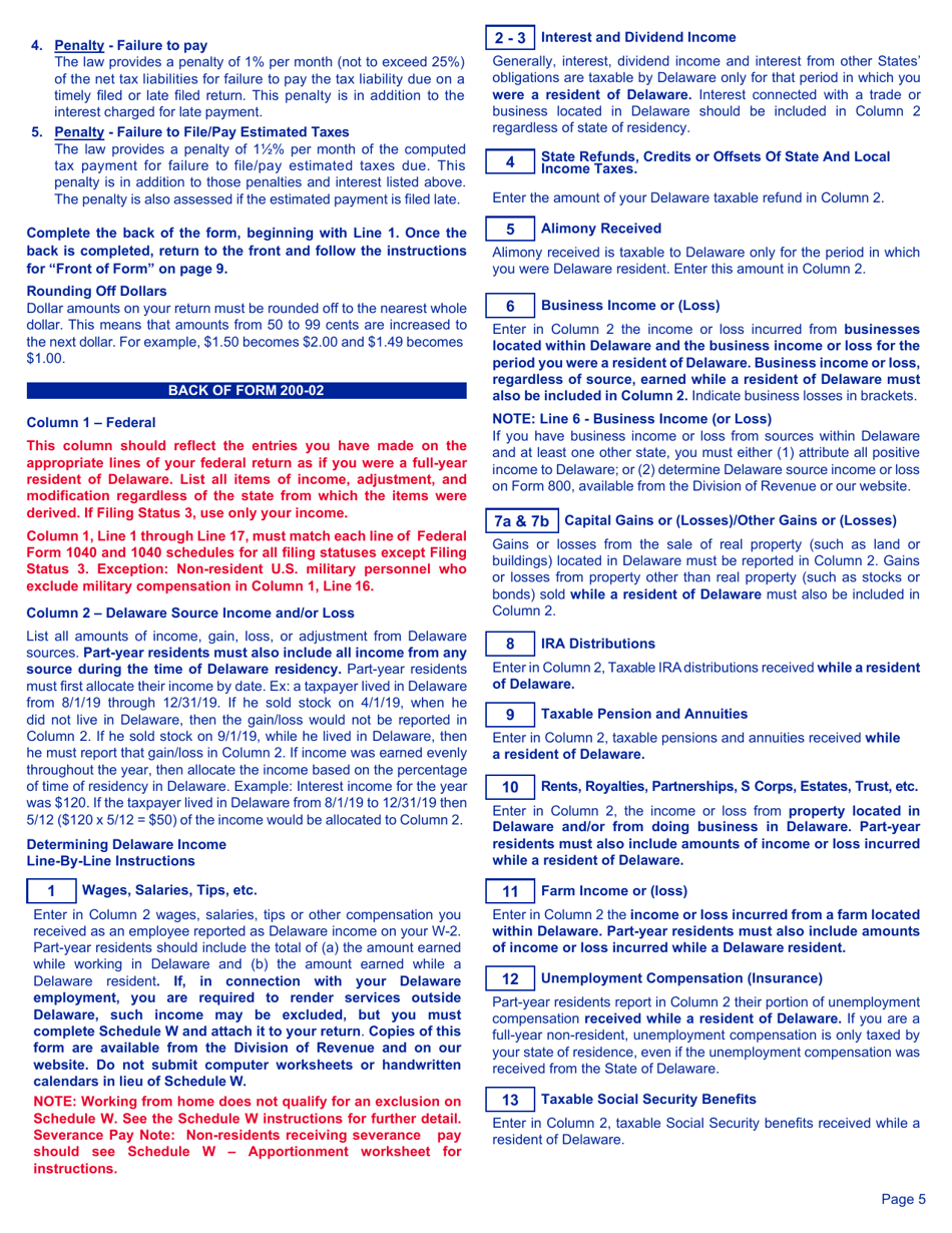 Instructions for Form 200-02 NR Non-resident Individual Income Tax Return - Delaware, Page 5