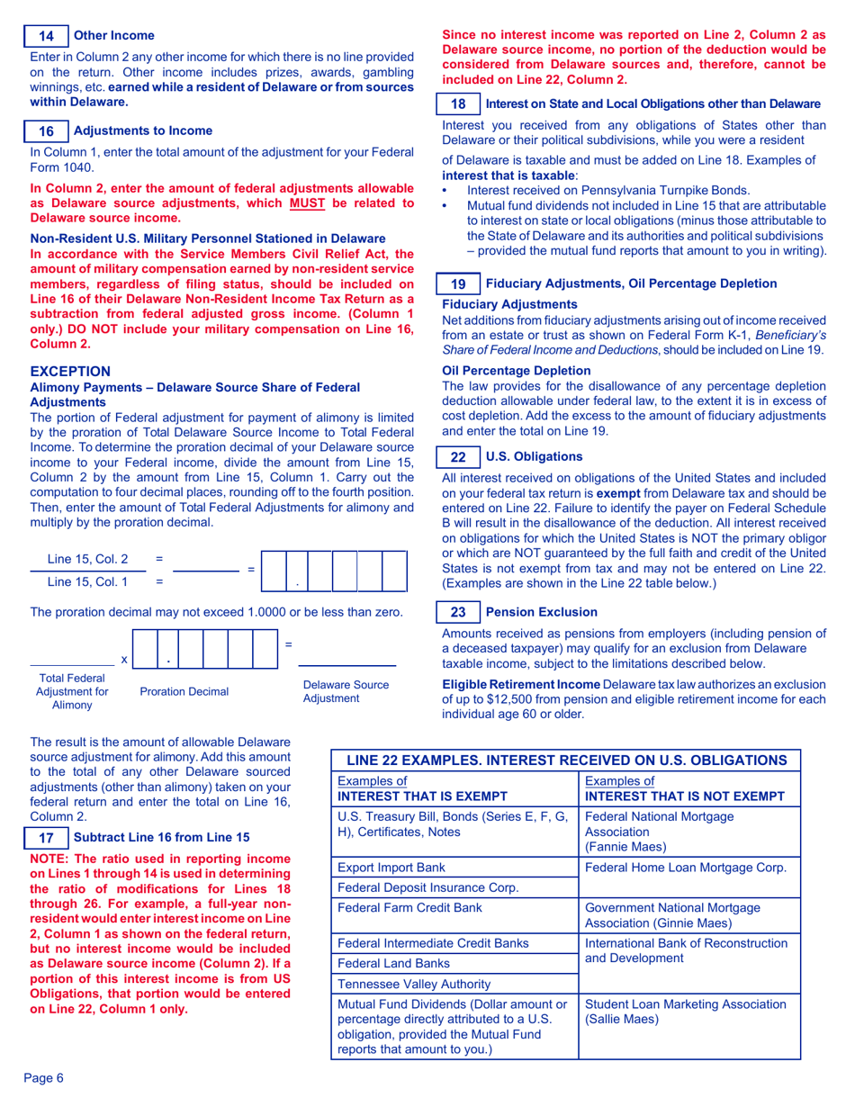 Instructions for Form 200-02 NR Non-resident Individual Income Tax Return - Delaware, Page 6