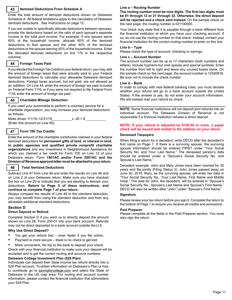 Instructions for Form 200-01 Delaware Individual Resident Income Tax Form - Delaware, Page 11