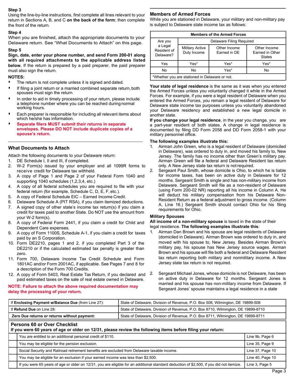 Instructions for Form 200-01 Delaware Individual Resident Income Tax Form - Delaware, Page 3