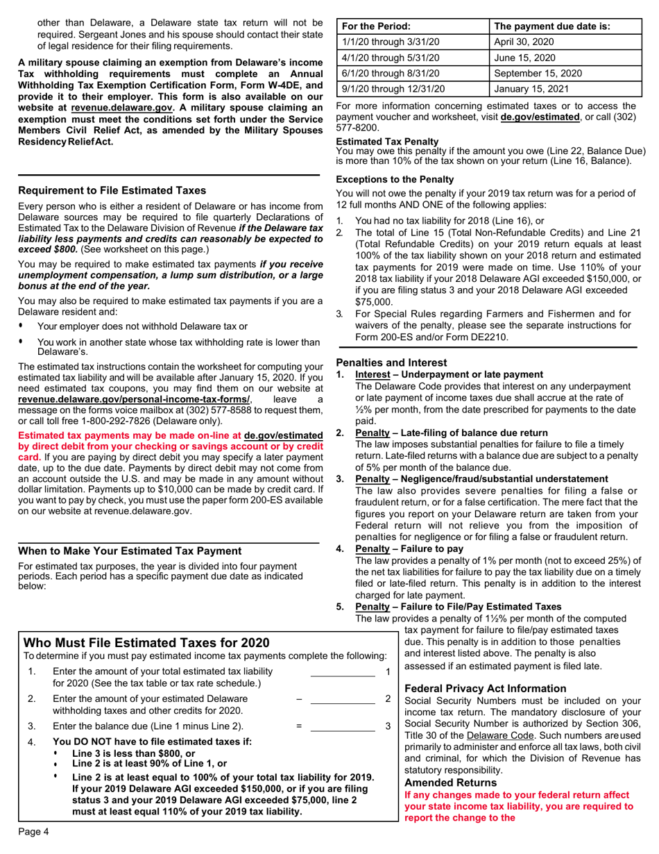Instructions for Form 200-01 Delaware Individual Resident Income Tax Form - Delaware, Page 4