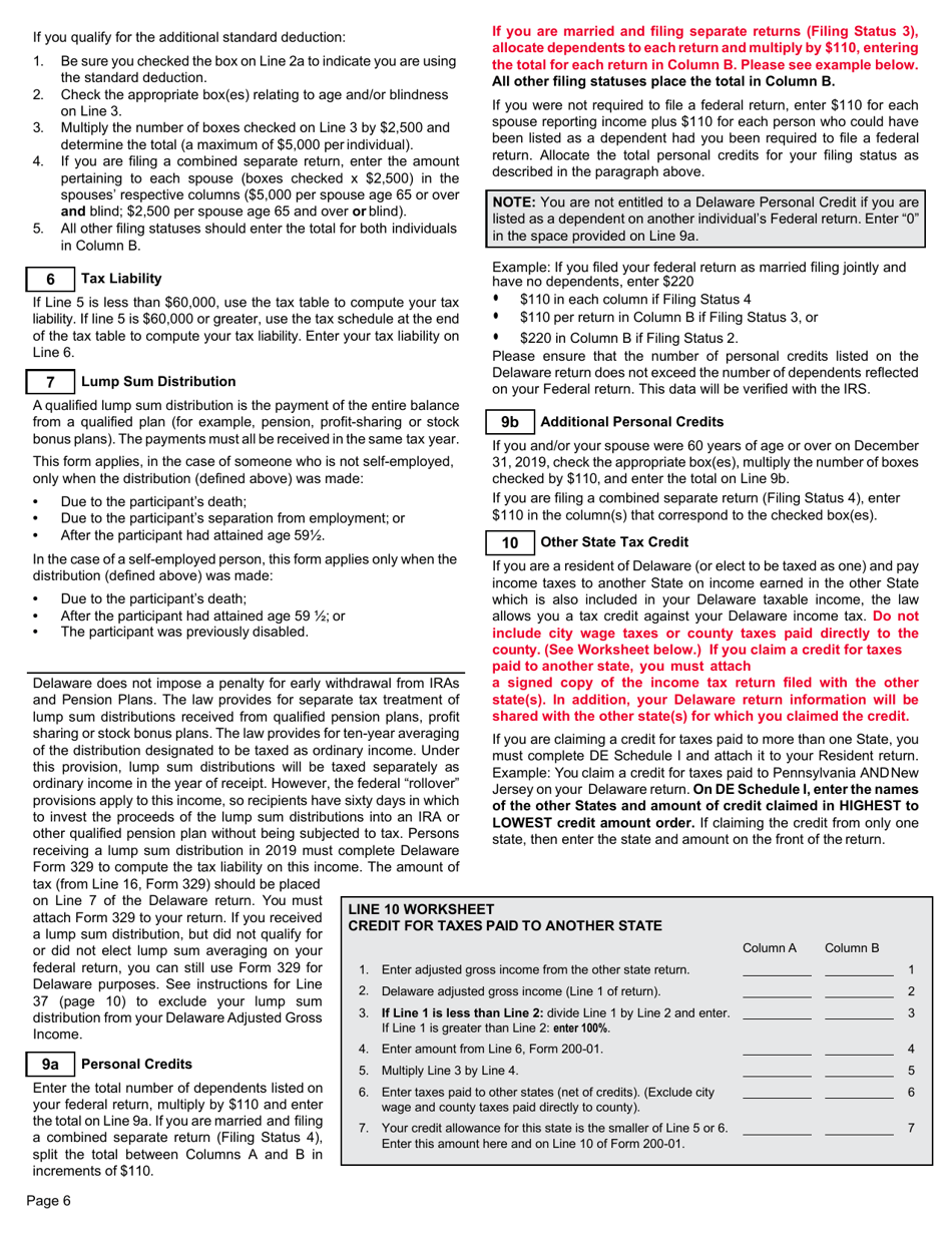 Instructions for Form 200-01 Delaware Individual Resident Income Tax Form - Delaware, Page 6