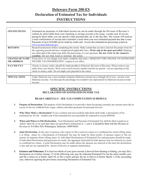 Instructions for Form 200-ES Delaware Estimated Income Tax Voucher - Delaware