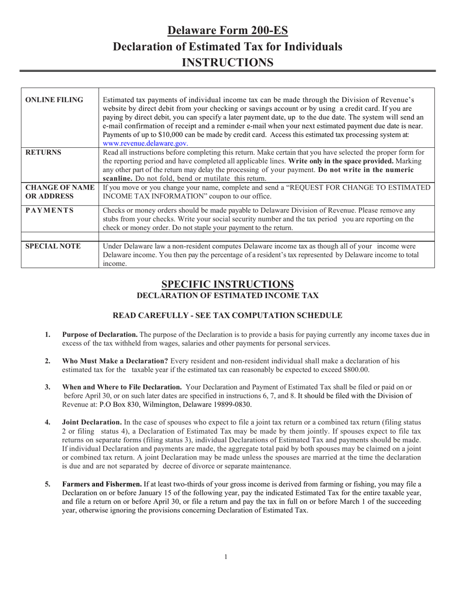 Instructions for Form 200-ES Delaware Estimated Income Tax Voucher - Delaware, Page 1