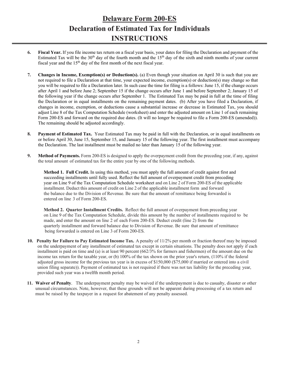 Instructions for Form 200-ES Delaware Estimated Income Tax Voucher - Delaware, Page 2