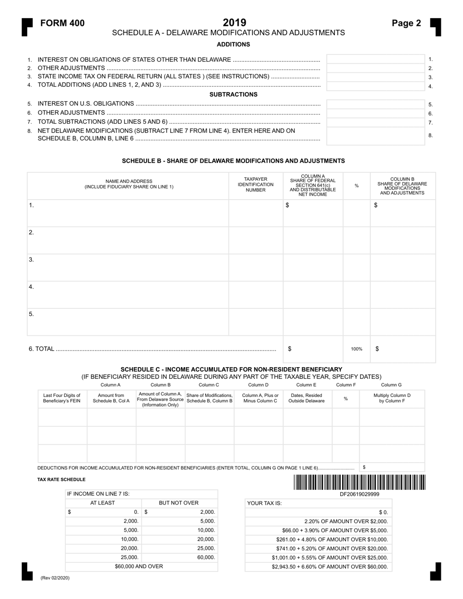 Form 400 Delaware Fiduciary Income Tax Return - Delaware, Page 2