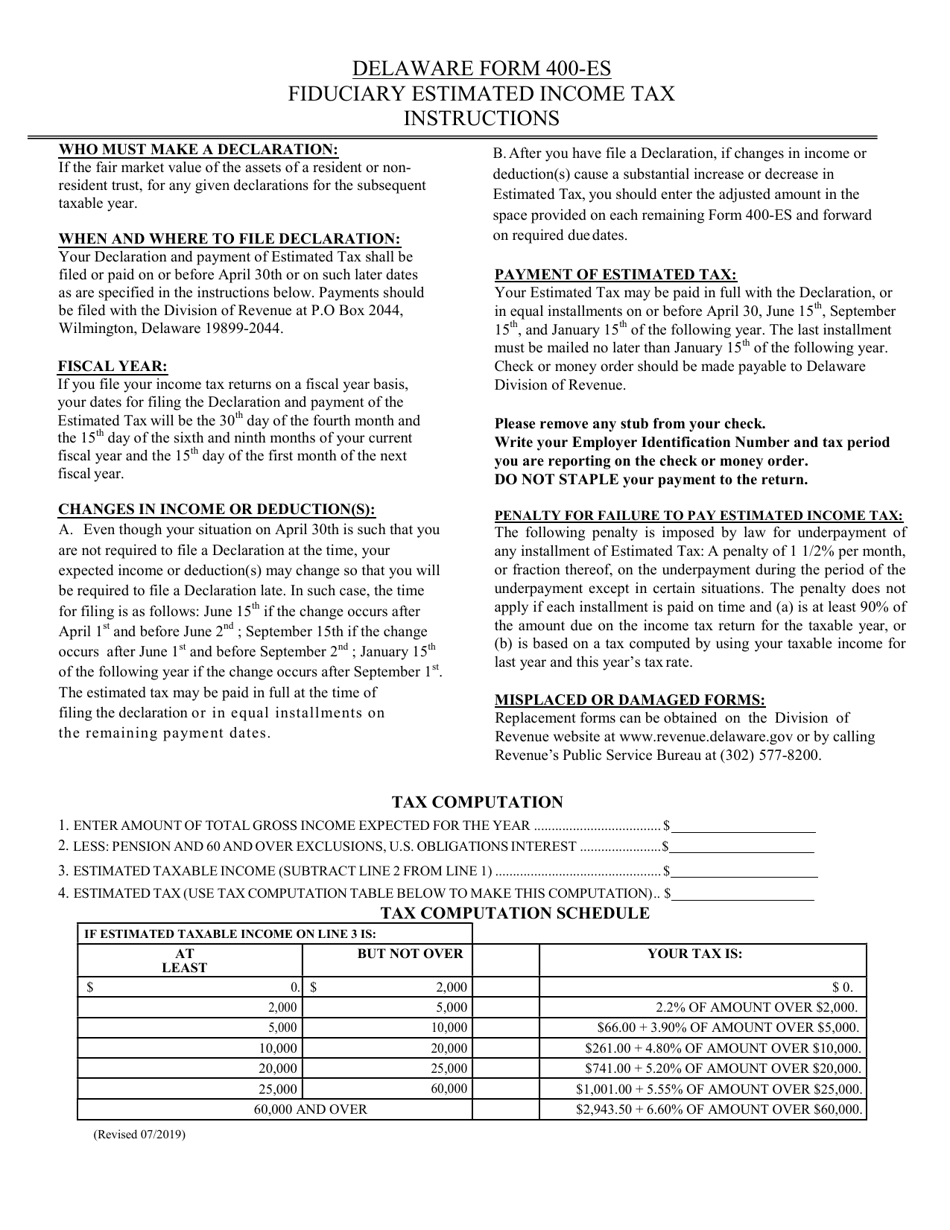 Instructions for Form 400-ES Quarterly Declaration of Estimated Tax Return - Delaware, Page 1