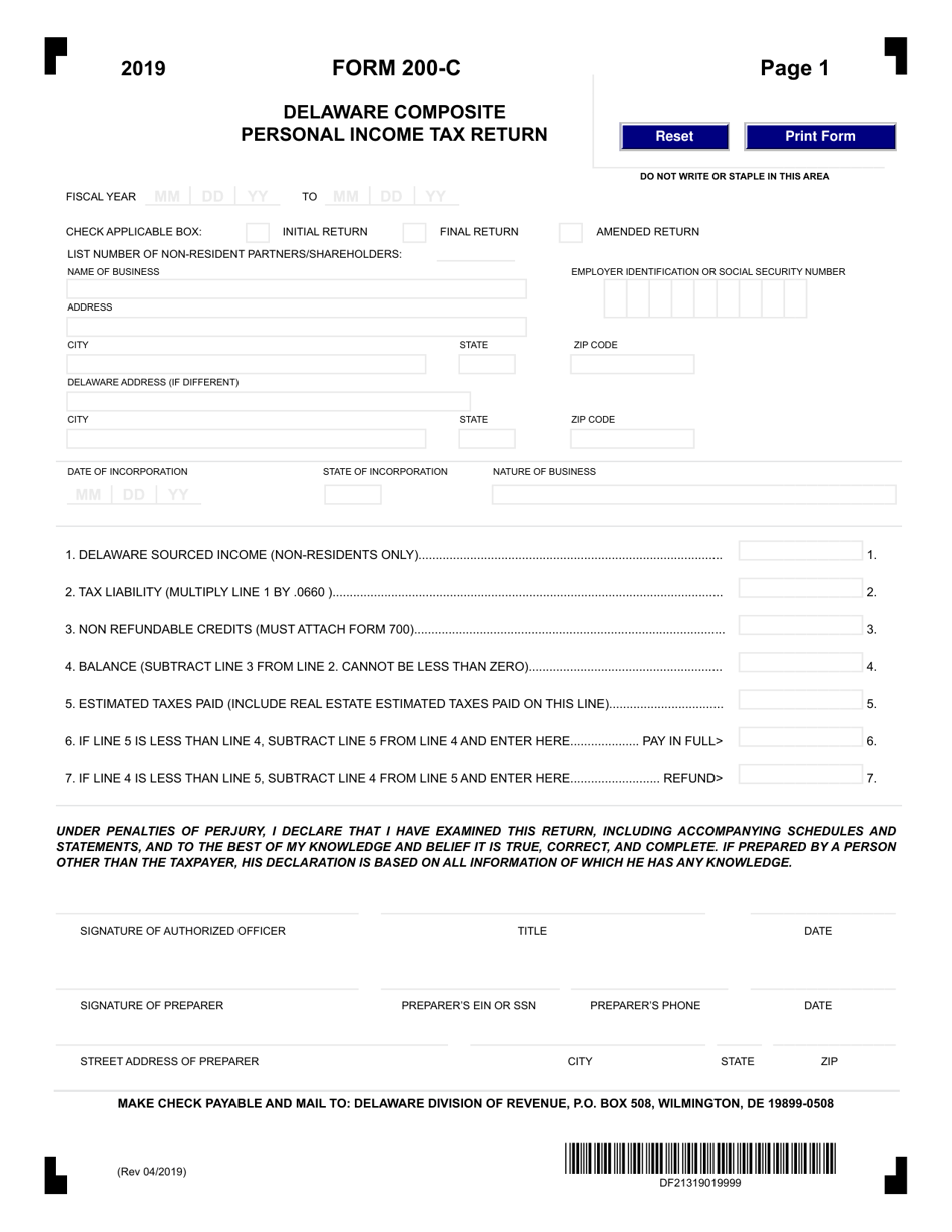 Form 200-C Delaware Composite Personal Income Tax Return - Delaware, Page 1