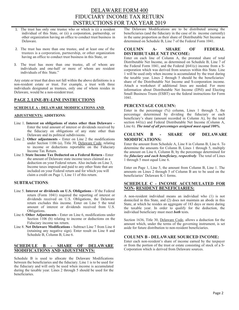 Instructions for Form 400 Delaware Fiduciary Income Tax Return - Delaware, Page 2