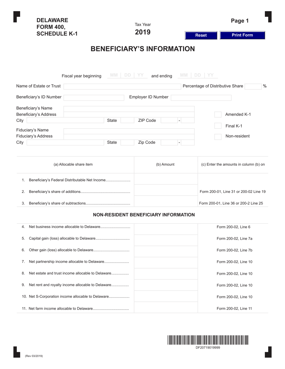 Form 400 Schedule K-1 Beneficiarys Information - Delaware, Page 1