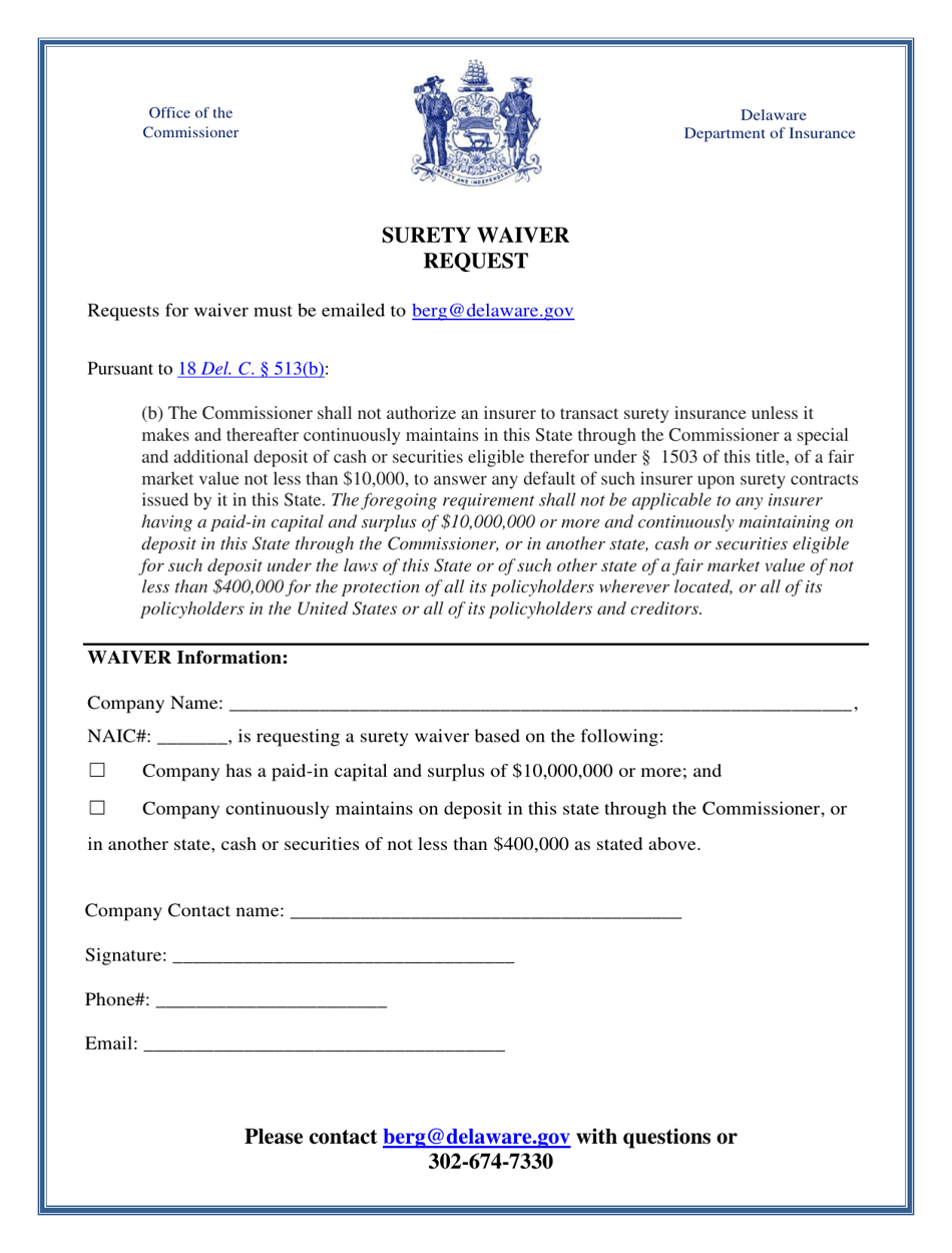 Surety Waiver Request - Delaware, Page 1