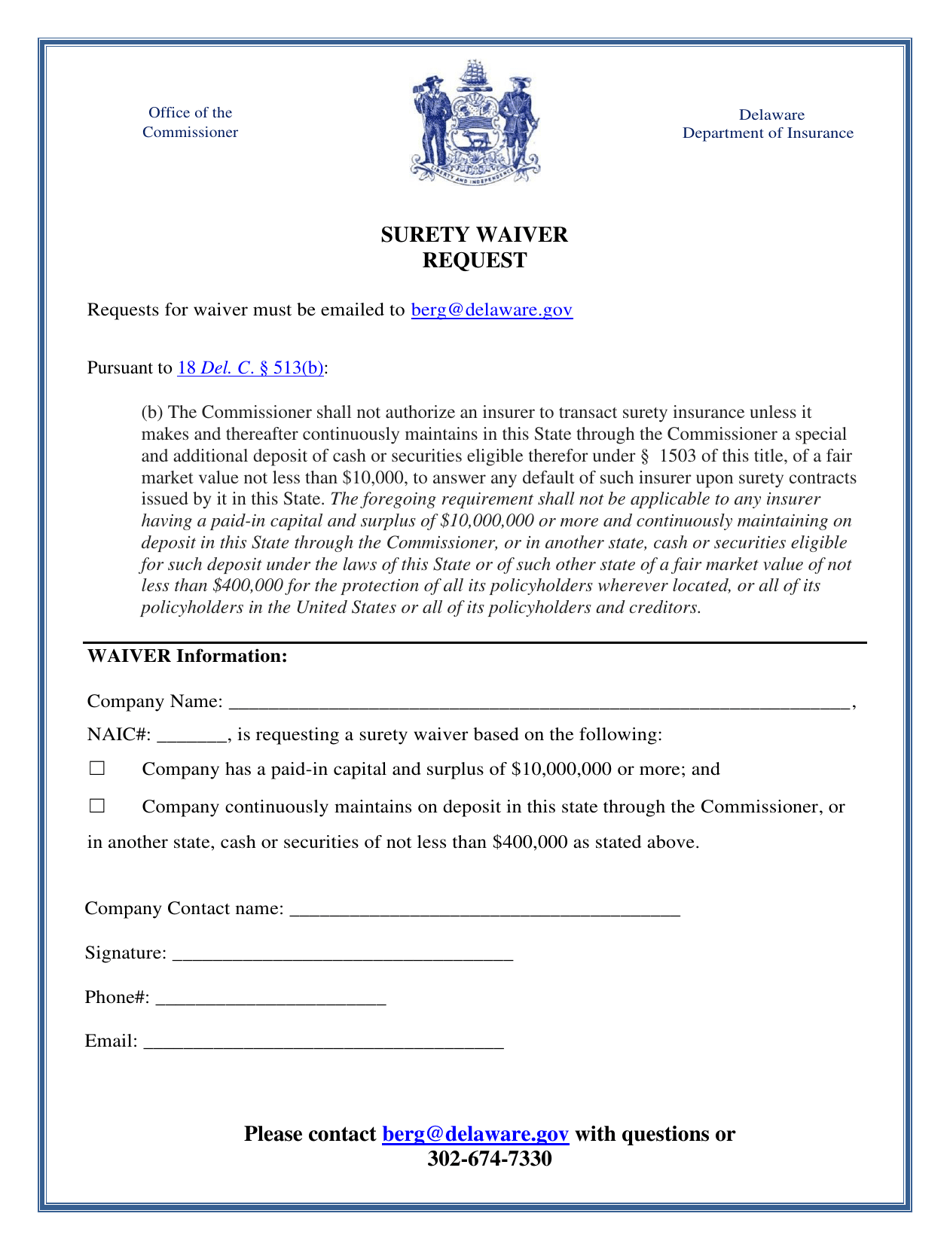 Delaware Surety Waiver Request Fill Out, Sign Online and Download PDF