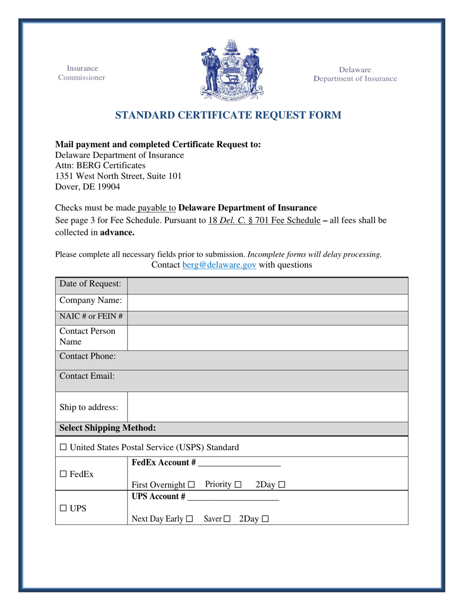 Standard Certificate Request Form - Delaware, Page 1