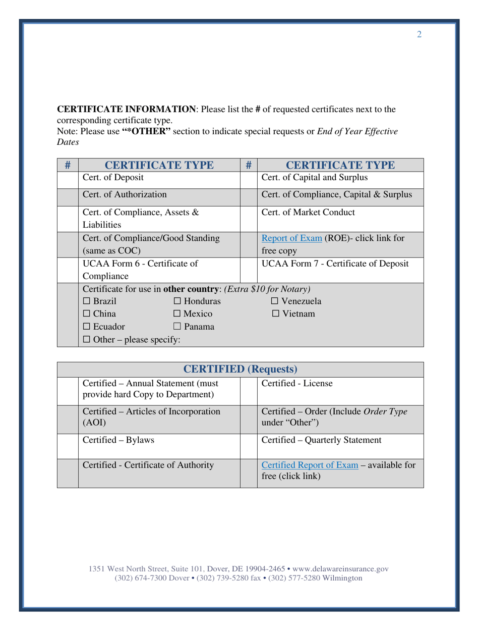 Standard Certificate Request Form - Delaware, Page 2