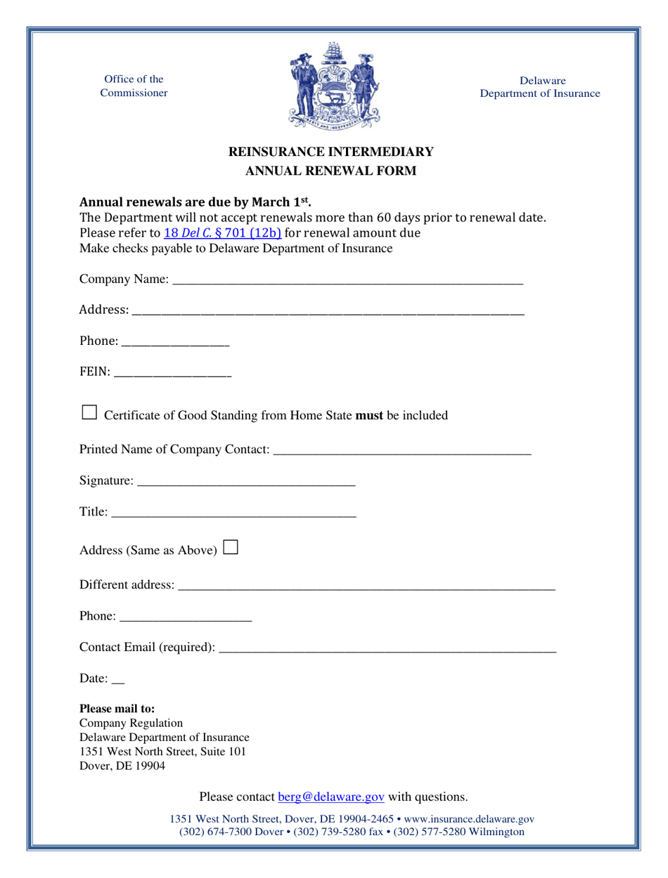 Reinsurance Intermediary Annual Renewal Form - Delaware, Page 1