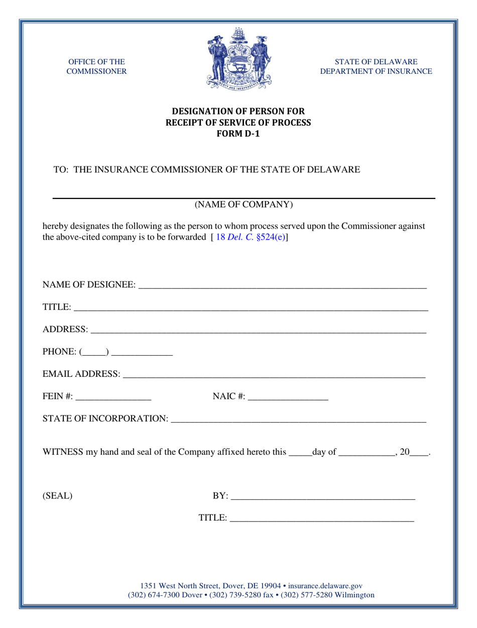 Form D-1 Designation of Person for Receipt of Service of Process - Delaware, Page 1