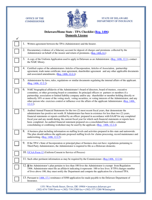 Delaware / Home State - Tpa Checklist - Domestic License - Delaware Download Pdf