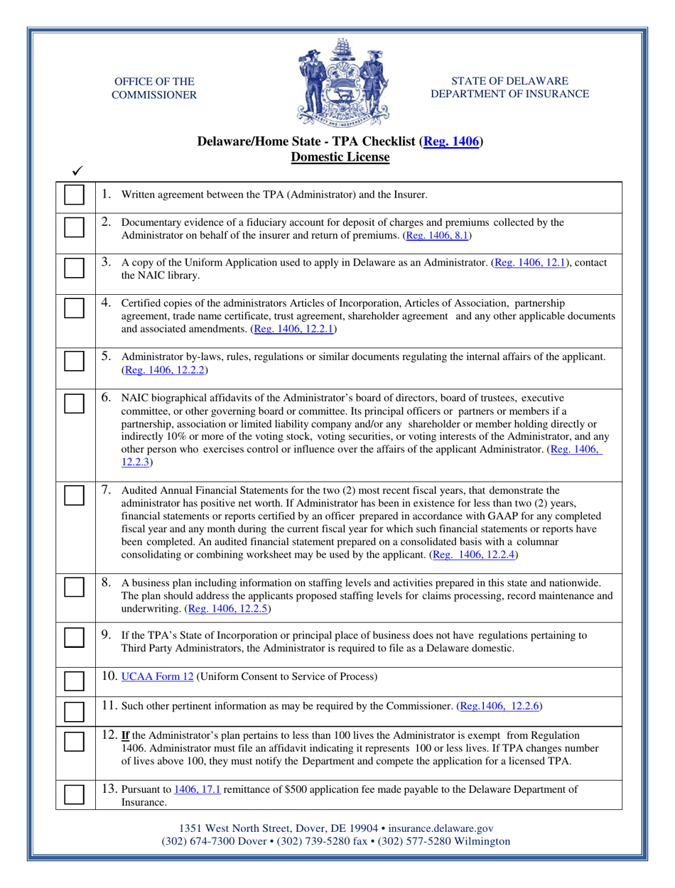 Delaware / Home State - Tpa Checklist - Domestic License - Delaware, Page 1