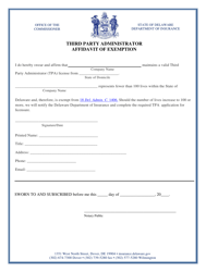 Document preview: Third Party Administrator Affidavit of Exemption - Delaware
