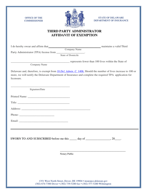 Third Party Administrator Affidavit of Exemption - Delaware Download Pdf