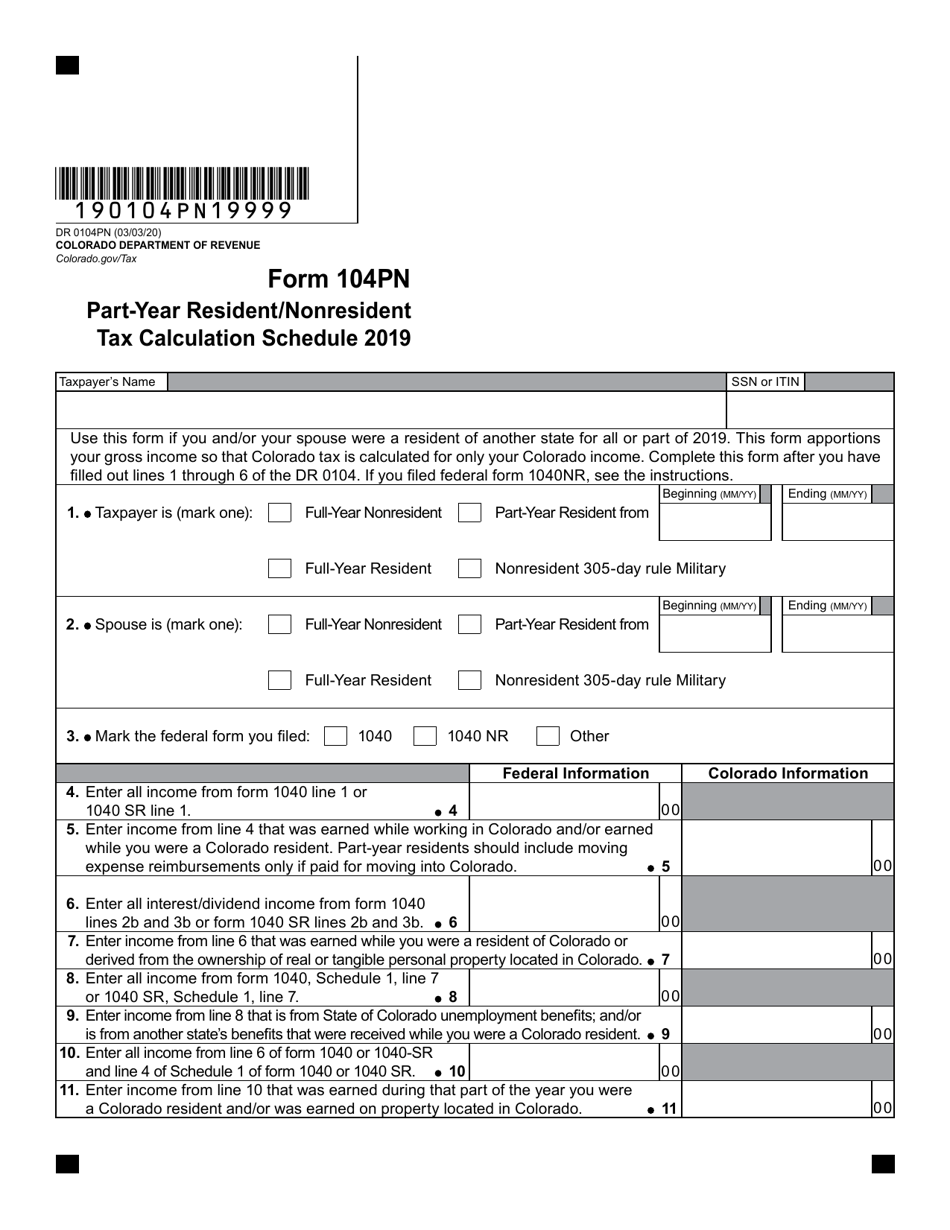 Form DR0104PN Part-Year Resident / Nonresident Tax Calculation Schedule - Colorado, Page 1