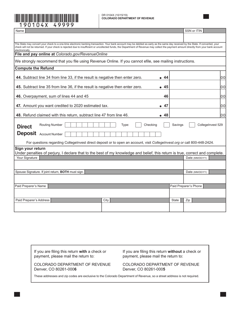 Form DR0104X - 2019 - Fill Out, Sign Online and Download Fillable PDF ...