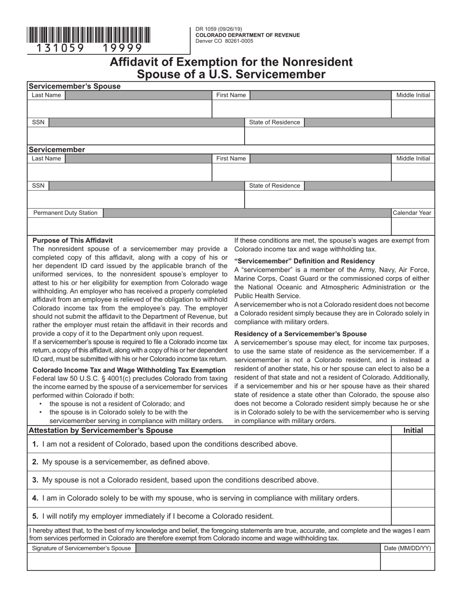 Form DR1059 Affidavit of Exemption for the Nonresident Spouse of a U.S. Servicemember - Colorado, Page 1