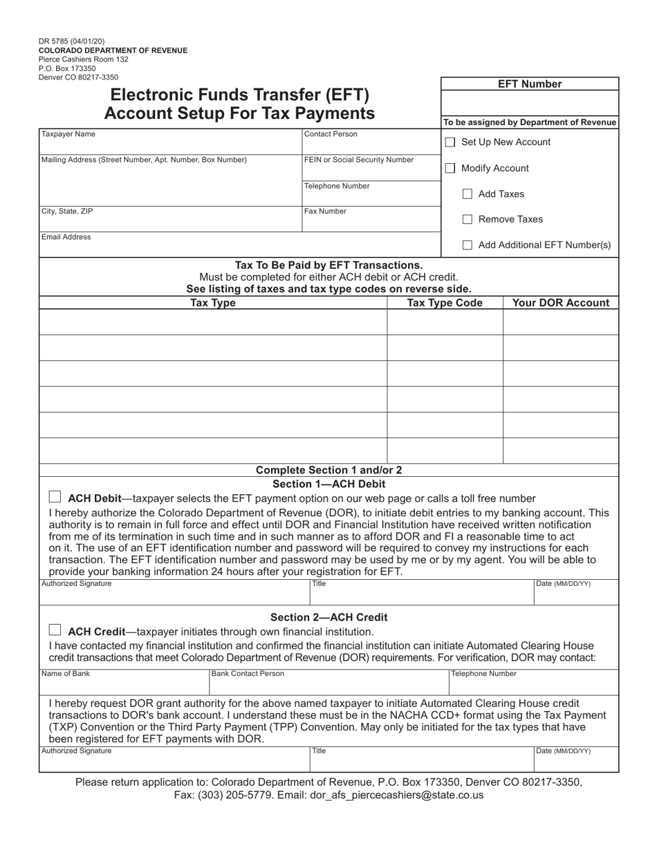 Form DR5785 Electronic Funds Transfer (Eft) Account Setup for Tax Payments - Colorado, Page 1
