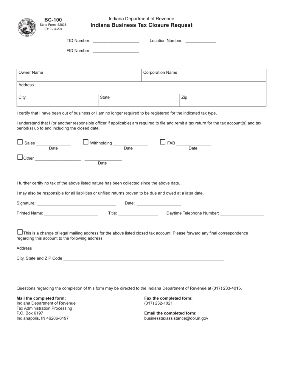 Form BC-100 (State Form 52038) Indiana Business Tax Closure Request - Indiana, Page 1