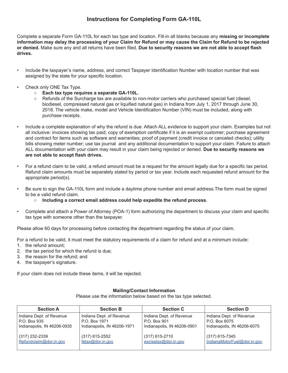 Form GA-110L (State Form 615) Claim for Refund - Indiana, Page 2