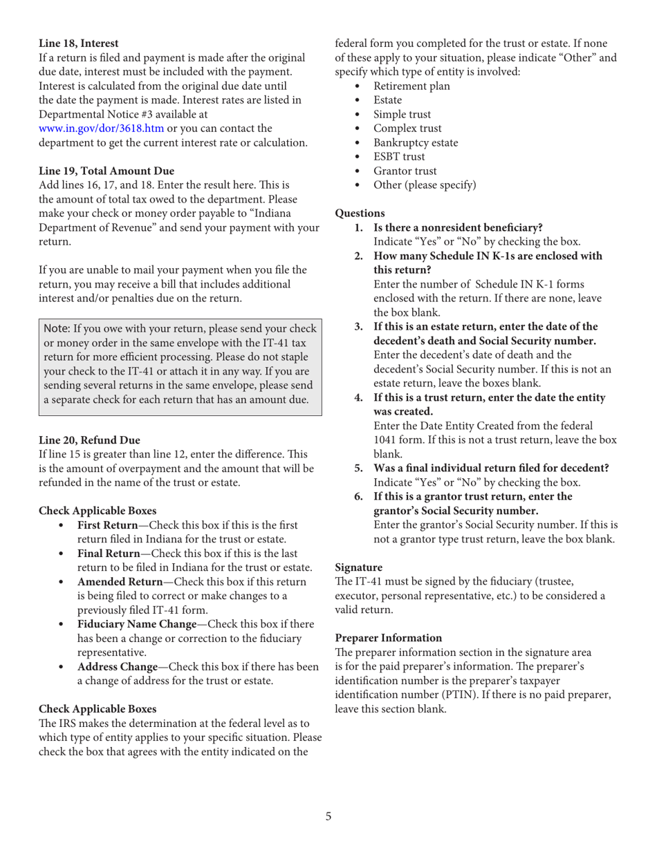 Form IT-41 (State Form 11458) Fiduciary Income Tax Return - Indiana, Page 7