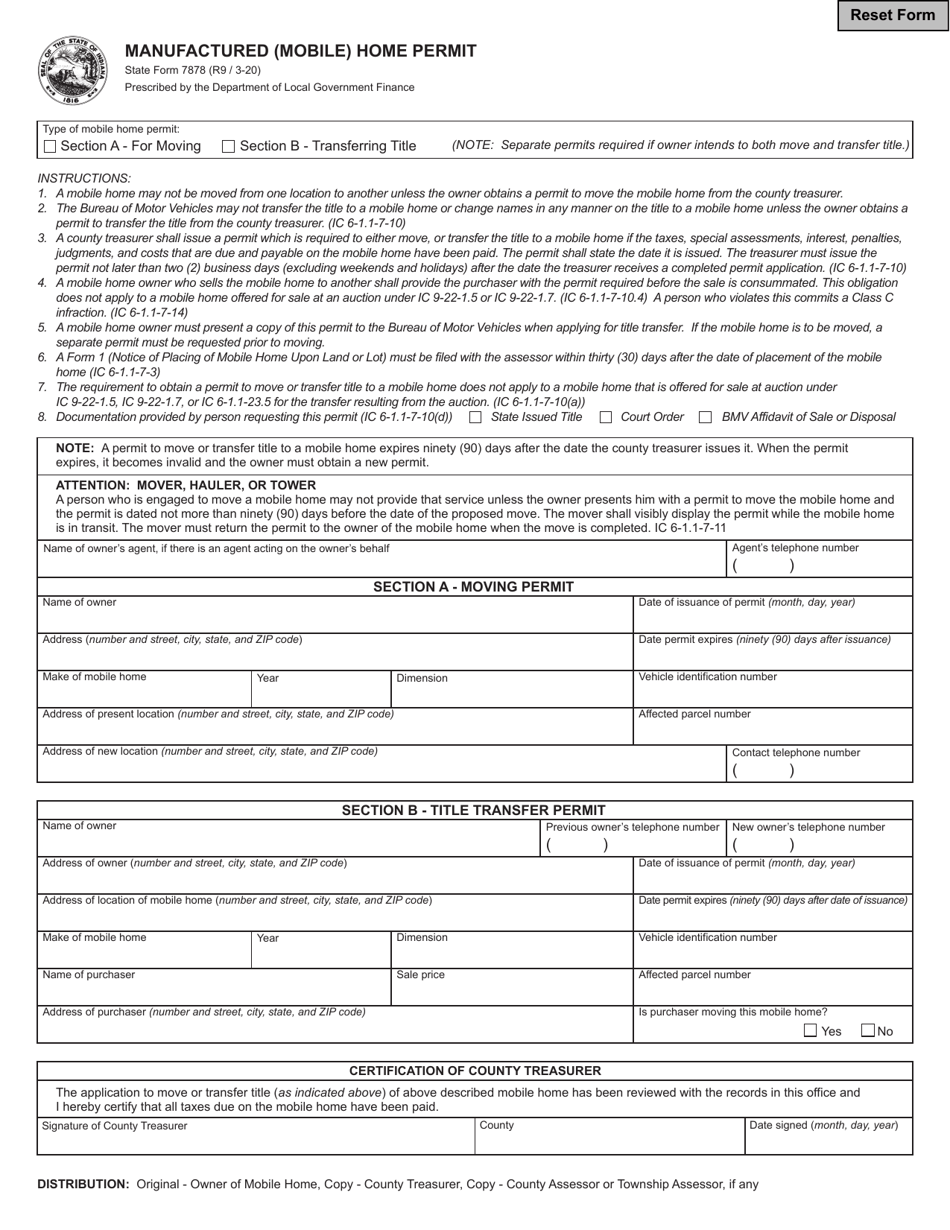 State Form 7878 Manufactured (Mobile) Home Permit - Indiana, Page 1