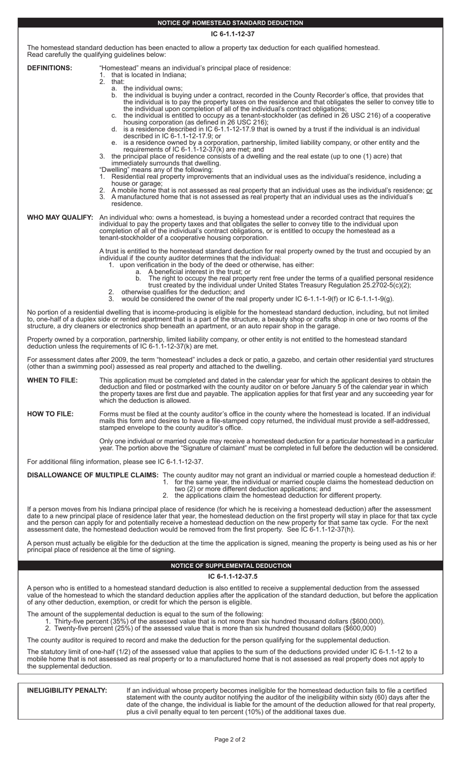 State Form 5473 (HC10) Claim for Homestead Property Tax Standard / Supplemental Deduction - Indiana, Page 2