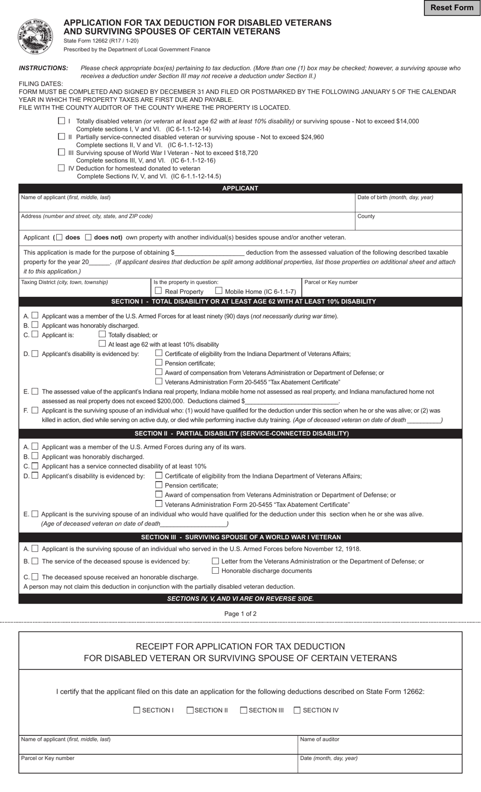 State Form 12662 Application for Tax Deduction for Disabled Veterans and Surviving Spouses of Certain Veterans - Indiana, Page 1