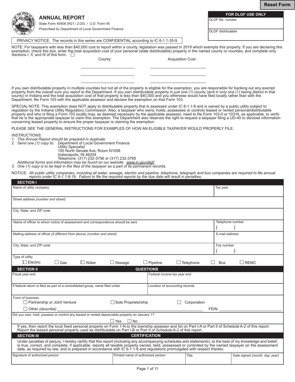 State Form 40408 (U.D. Form 45) Annual Report - Indiana, Page 1