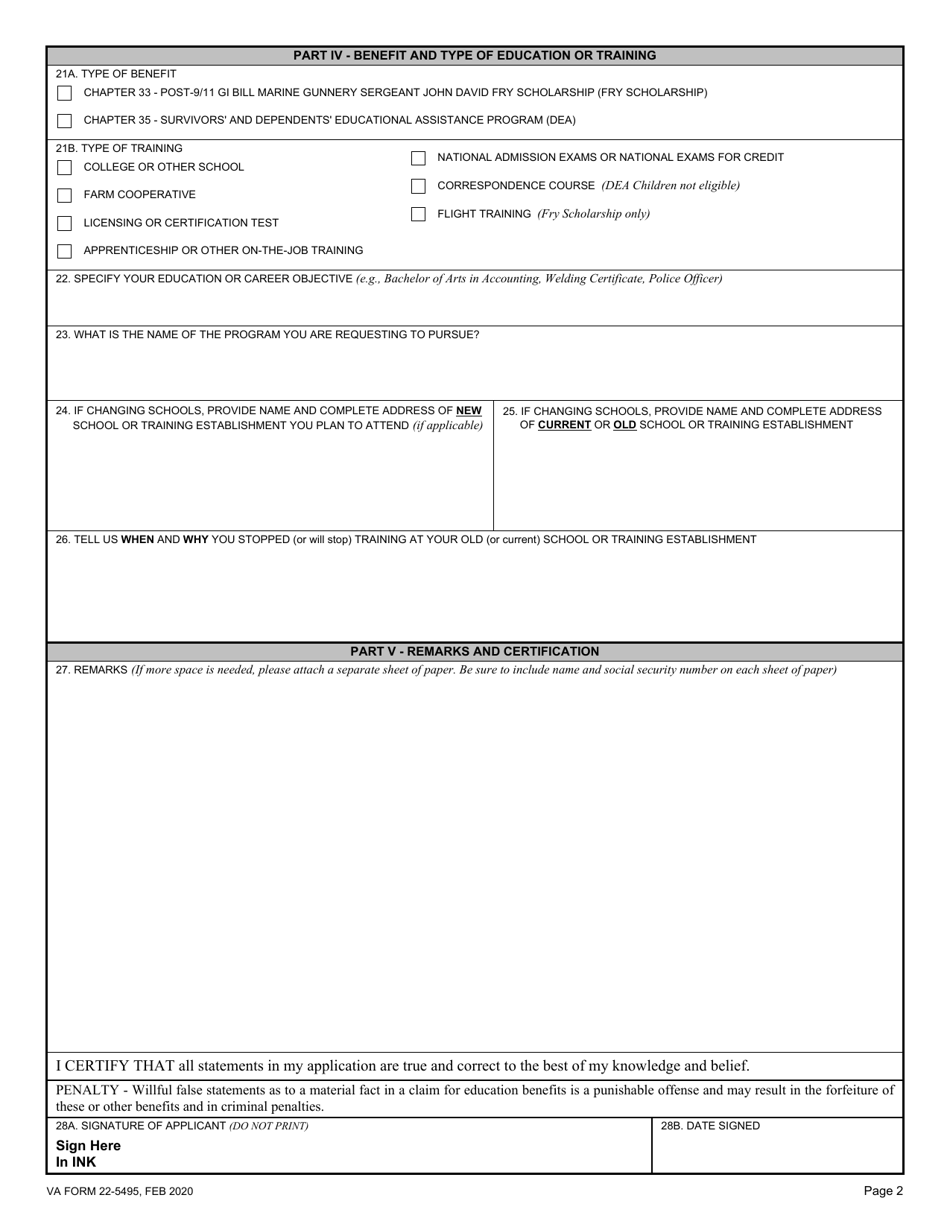 VA Form 22-5495 Dependents Request for Change of Program or Place of Training (Under Provisions of Chapters 33 and 35, Title 38, U.s.c.), Page 2